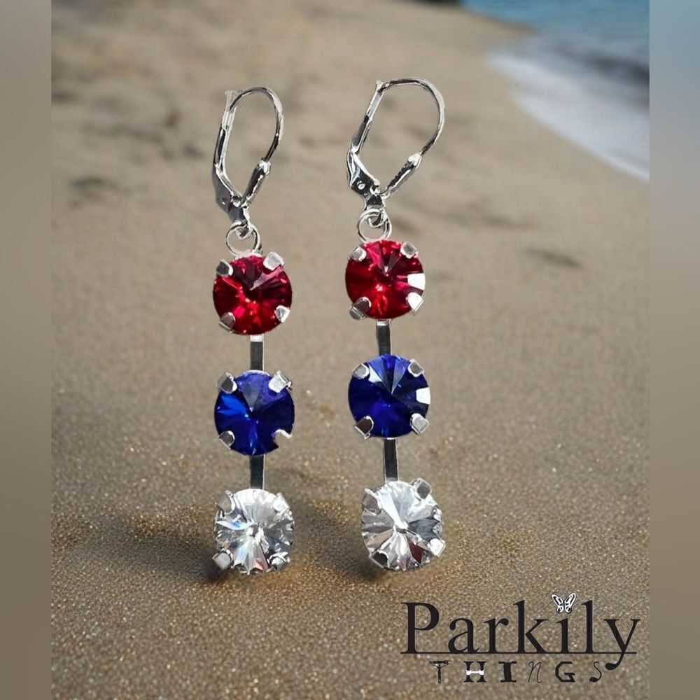 Handcrafted red white and blue cupchain silver earrings with Swarovski crystal